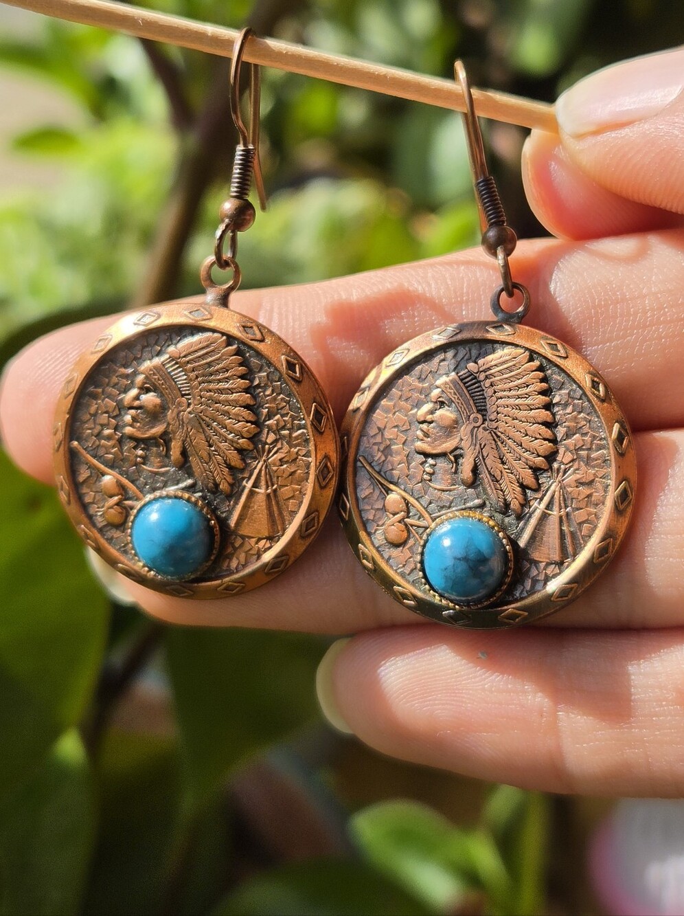 Vintage Style Copper Tone Native American Motif Blue Cabochon Dangle Earrings